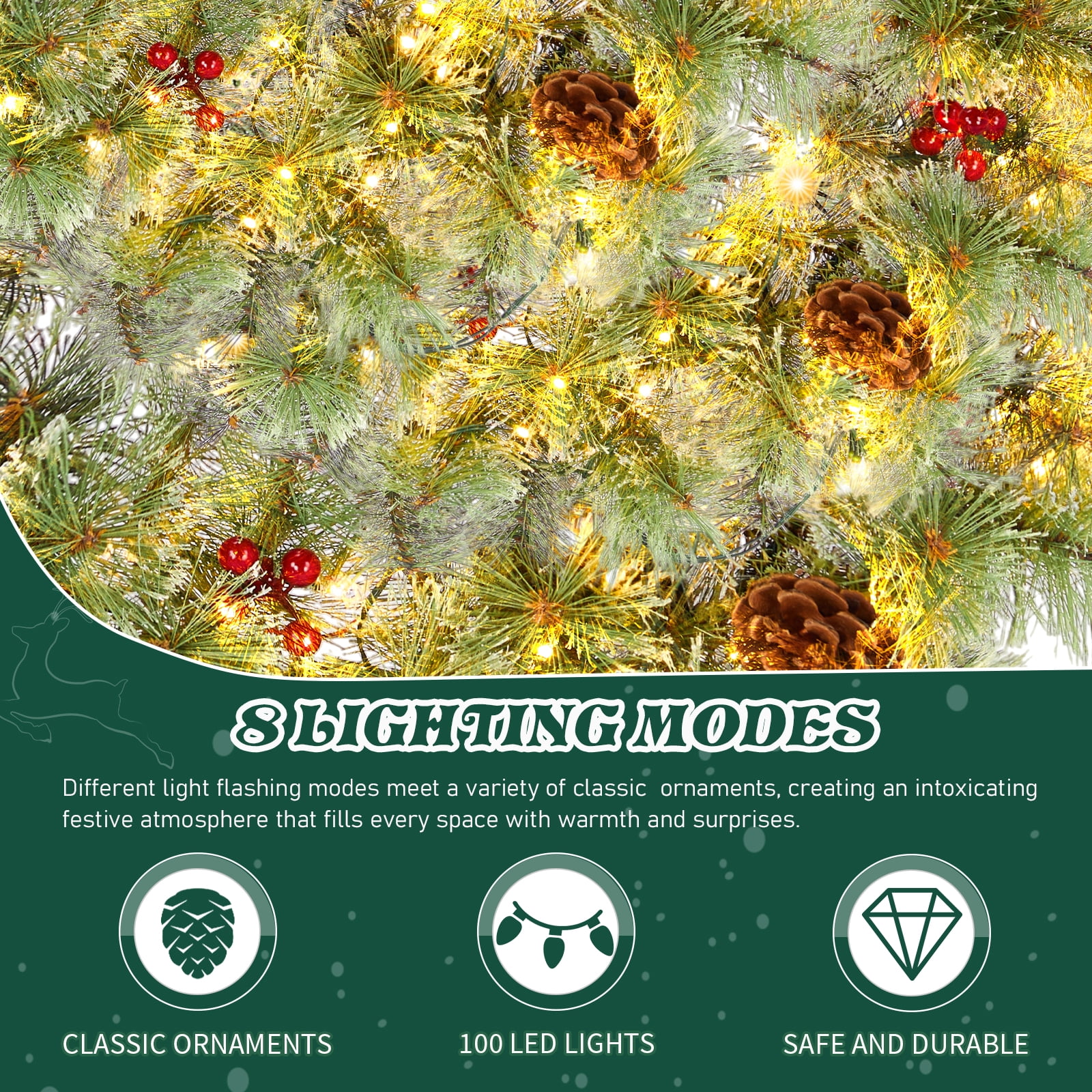 2 Pack 24in Pre-lit Christmas Wreath, Lighted Artificial Xmas Wreath with 100 Warm Lights and 150 Tips and Red Berries Pine Cones, for Front Door Gate Wall Xmas Party Decorations