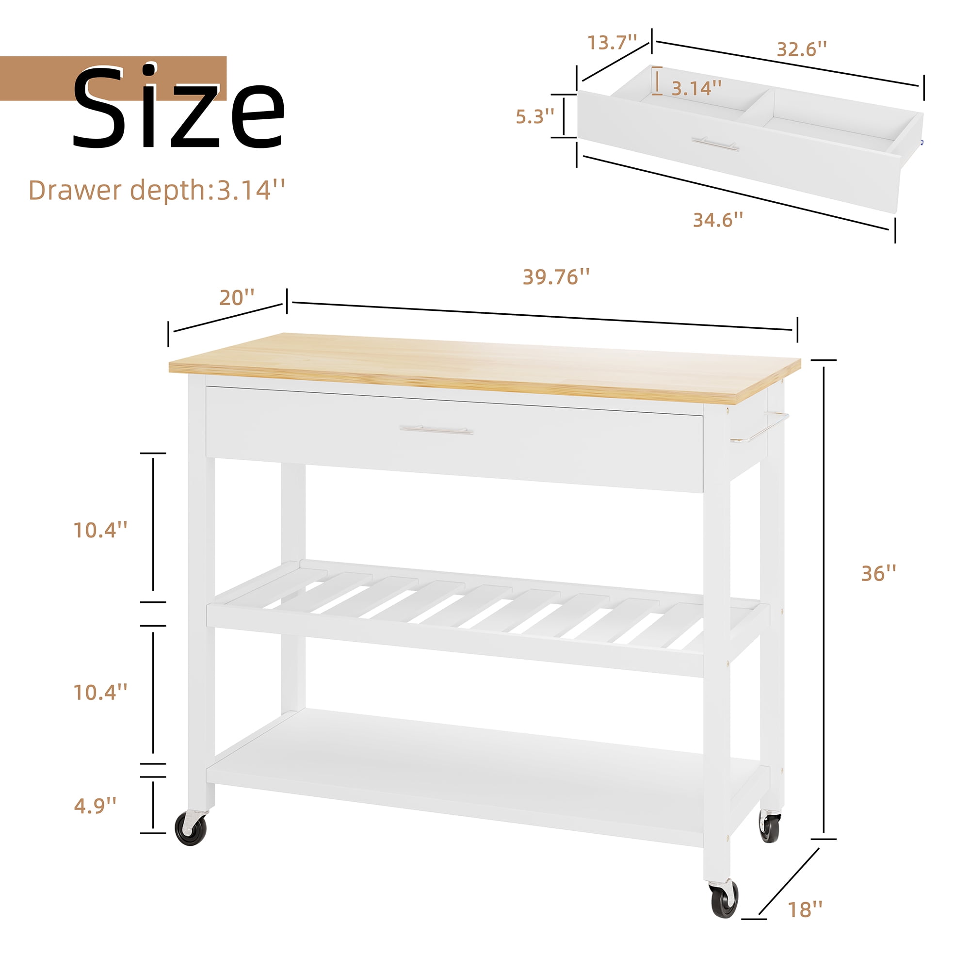 Kitchen Island Cart with Storage,Rolling Kitchen Island Side Table on Wheels with Large Worktop,Storage Cabinet,Towel Rack,Drawers and Open Shelves for Kitchen,Dinning Room,White