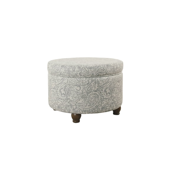Gray Floral 24x24x17 Round Wooden Ottoman with Hidden Storage, Lift Off Lid and Paisley Upholstery for Stylish Seating and Organization