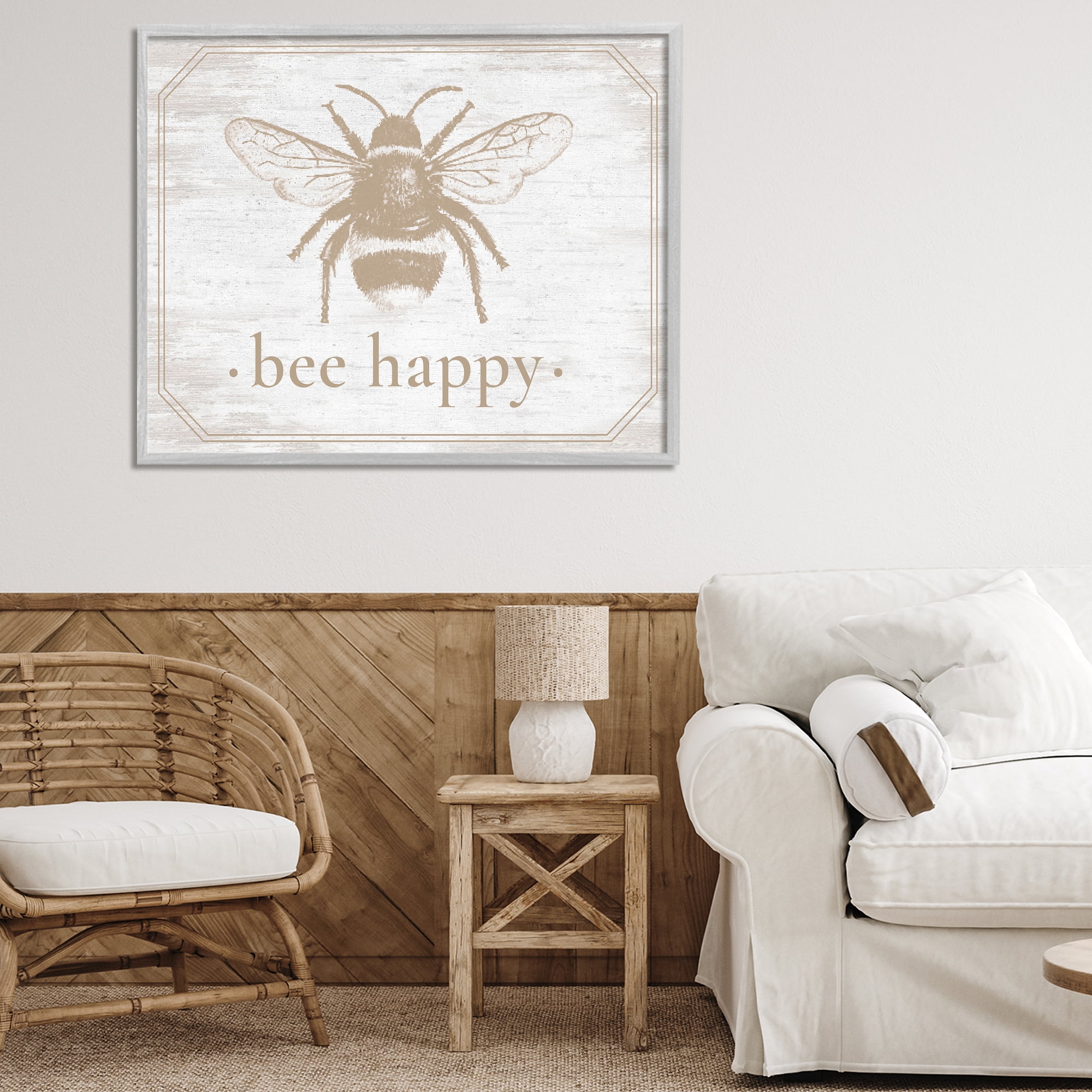 Bee Happy with Rustic Border Gray Framed Giclee Art, design by Lettered and Lined