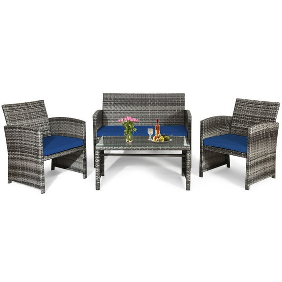 Patiojoy 4-Piece Outdoor Patio Furniture Set Rattan Wicker Conversation Sofa Set Navy