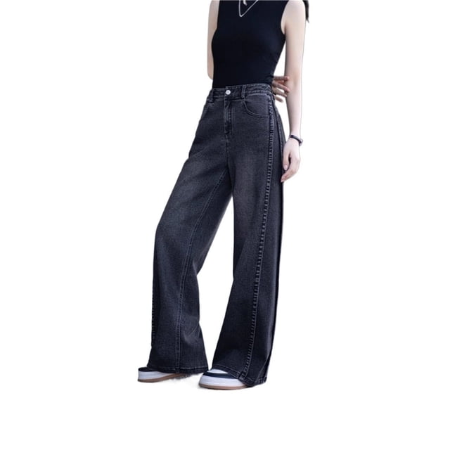Pantalones vaqueros de mezclilla cálidos de invierno con pierna ancha y cintura alta con forro polar for mujer