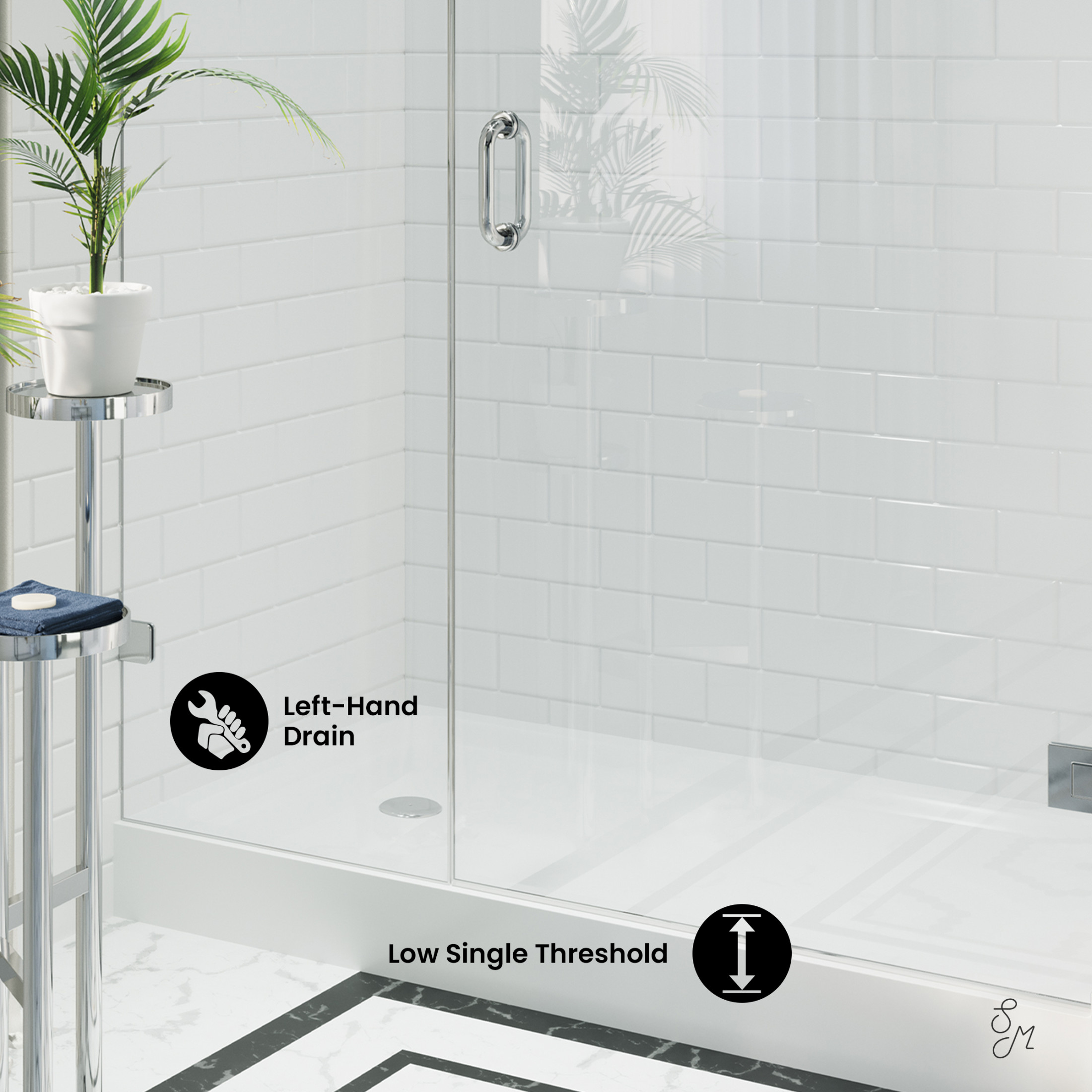 Voltaire 60" x 32" Acrylic White, Single-Threshold, Left-Hand Drain, Shower Base