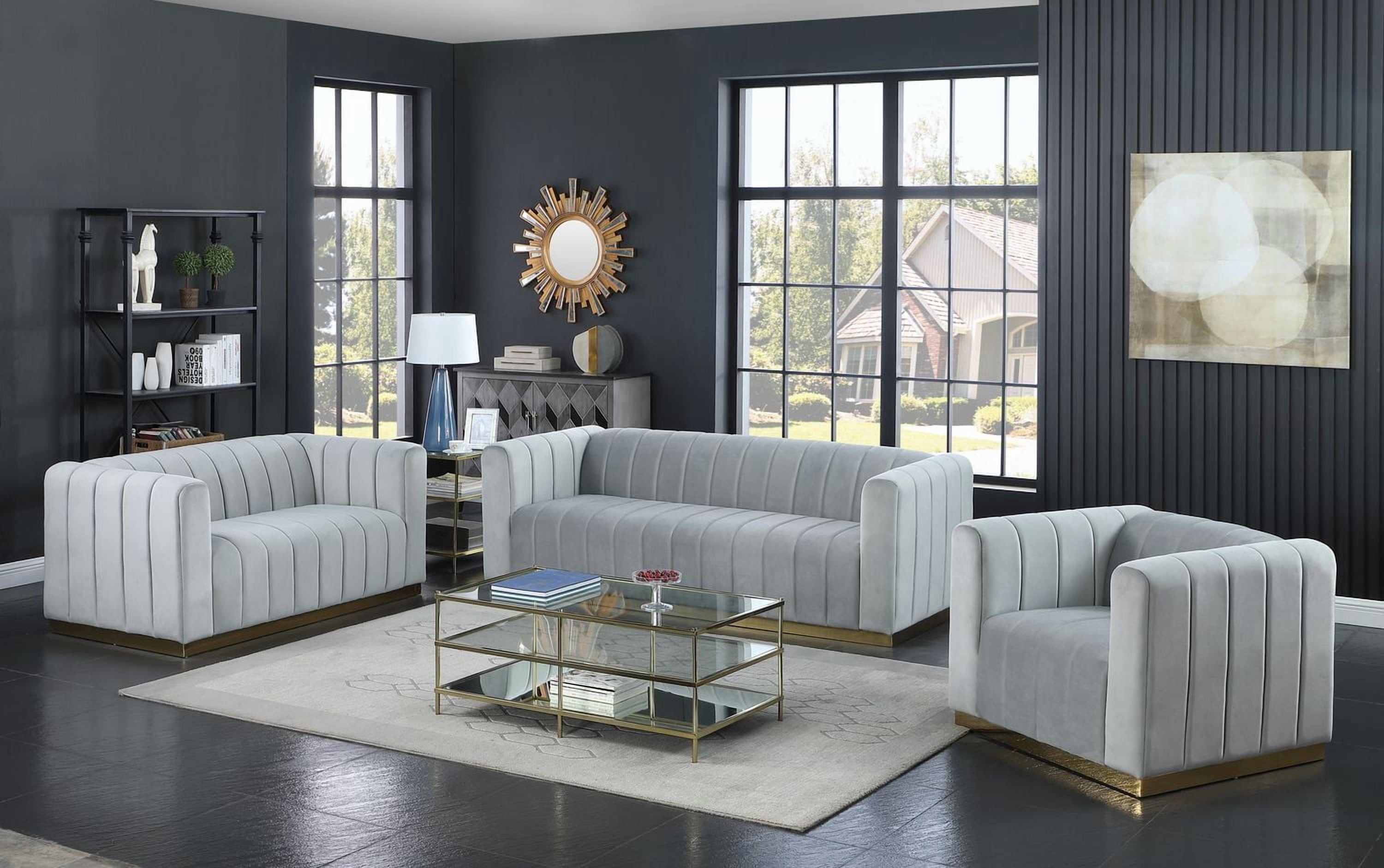 CHAISE K-LIVING SHANNON EN TISSU DE VELOURS GRIS AVEC BASE EN ACCENT DORÉ