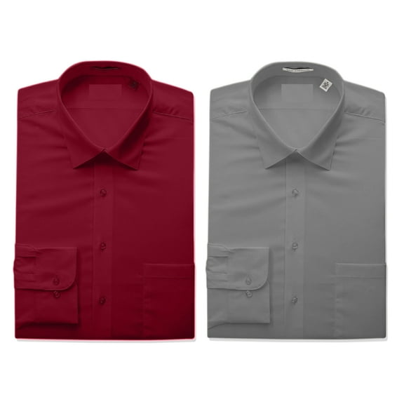 2 PACK Men's Boltini Italy Standard Collar Long Sleeve Regular Fit Classic Dress Shirt - Burgundy Grey