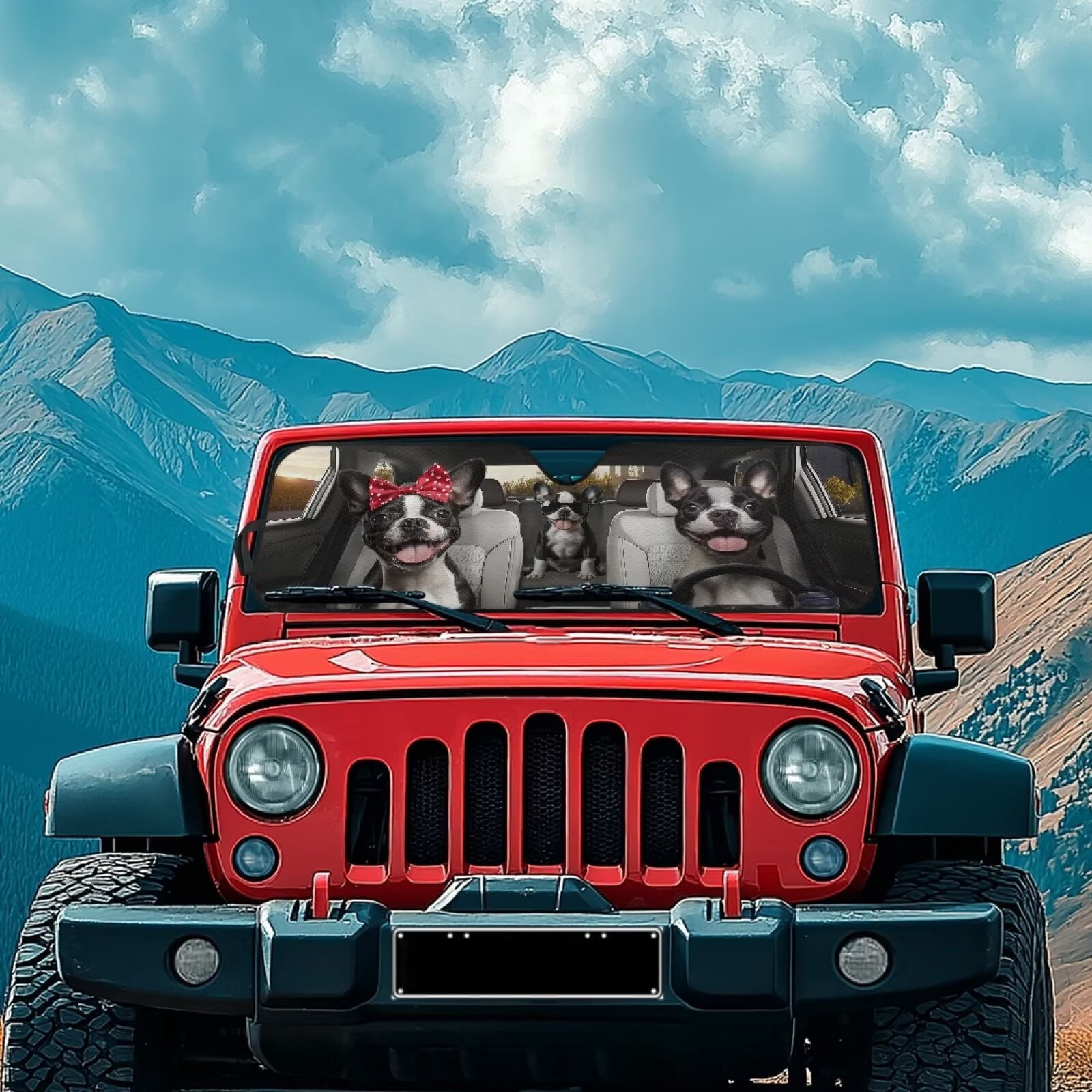 XYZCANDO Bulldog Windshield Sun Shade Compatible with Jeep Wrangler TJ JK JL & Gladiator JT Foldable Windshield Sunshade Sun Visor Blocks UV Rays Keep Your Vehicle Cool