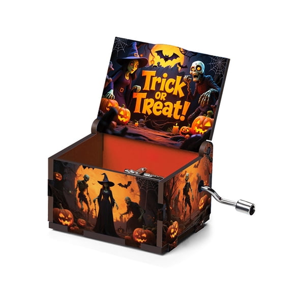 Halloween Themed Hand Crank Wooden Music Box, Portable Spooky Pattern Wind Up Musical Box, Desktop Decorative Ornament & Novelty Surprise Gift for Kids Family Halloween Holiday Celebration