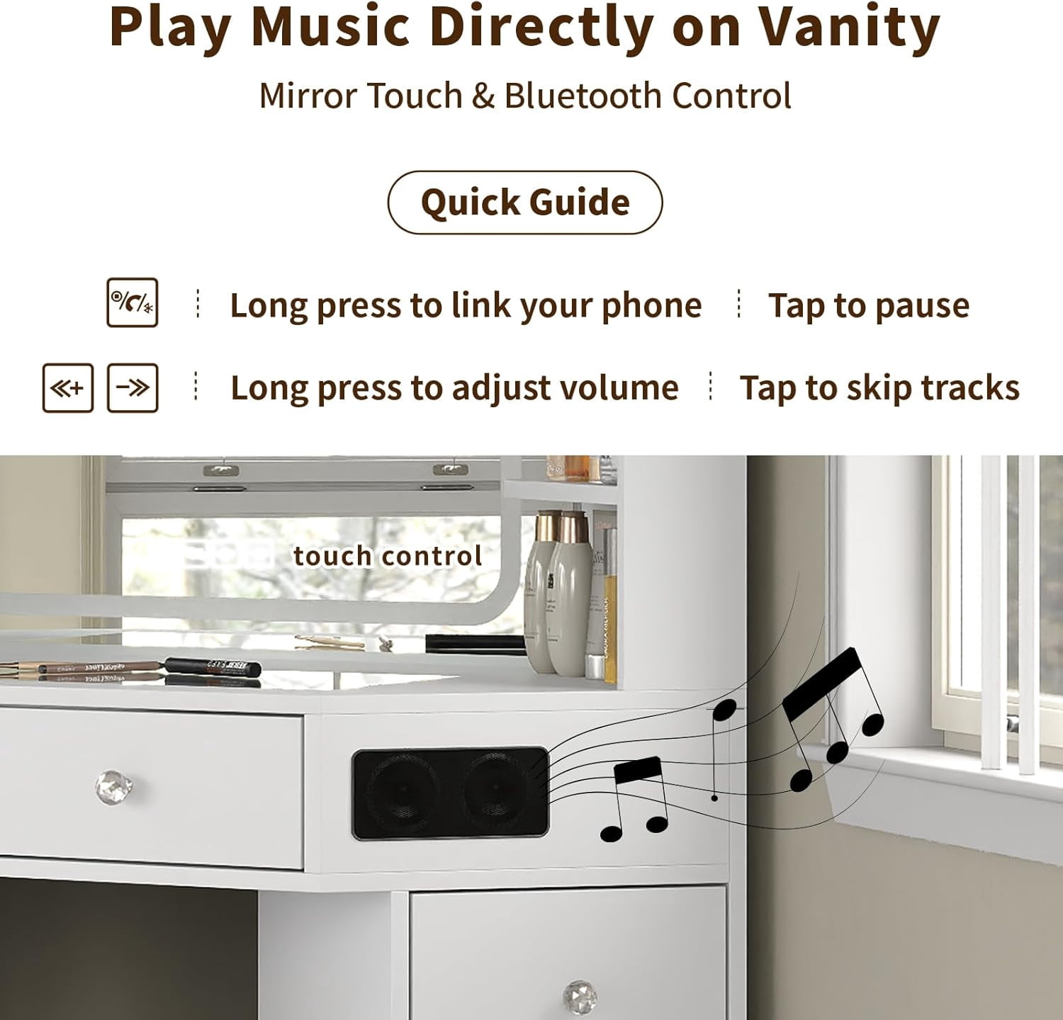 Corner Vanity Desk with Mirror and Lights, Modern Makeup Vanity with Glass Top, Bluetooth Speaker, 8 Drawers and 6 elves, 3 Color Lighting Modes, Dressing Table with Chair for Bedroom, White
