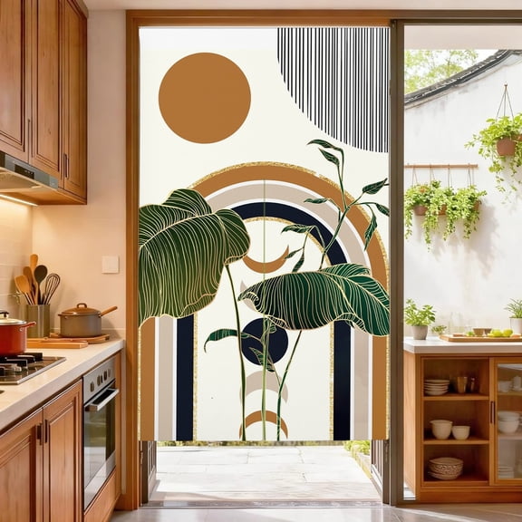 Mid Century Green Boho Japanese Noren Doorway Curtain Sun Abstract Door Tapestry,33.5" W x 59" L