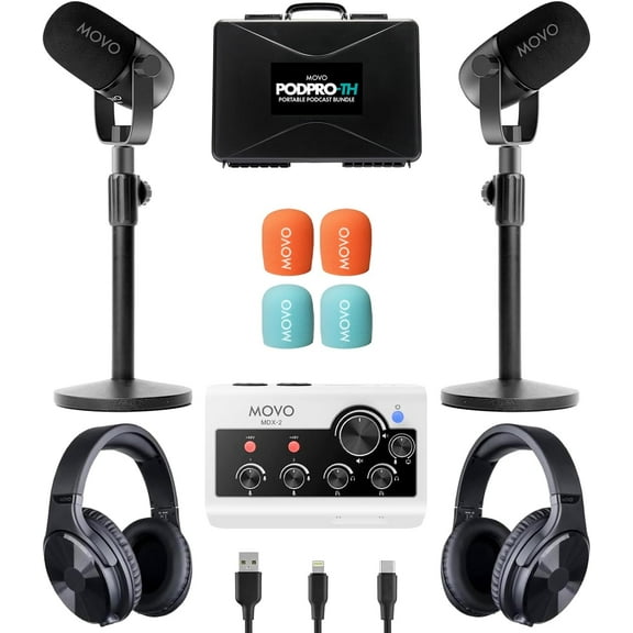 Movo Portable Podcast Equipment Bundle for iPhone/Android Phones- Podcast Kit with Audio Interface, 2 CastMic Dynamic Mics, 2 Headphones, 2 Desk Stands - for Smartphones, Computers, PC and Mac
