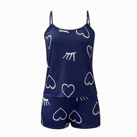 

BIZIZA Womens Pajama Set Loungewear Cami Top and Shorts Sleepwear 2 Piece PJ Sets Silk Soft Navy XXL