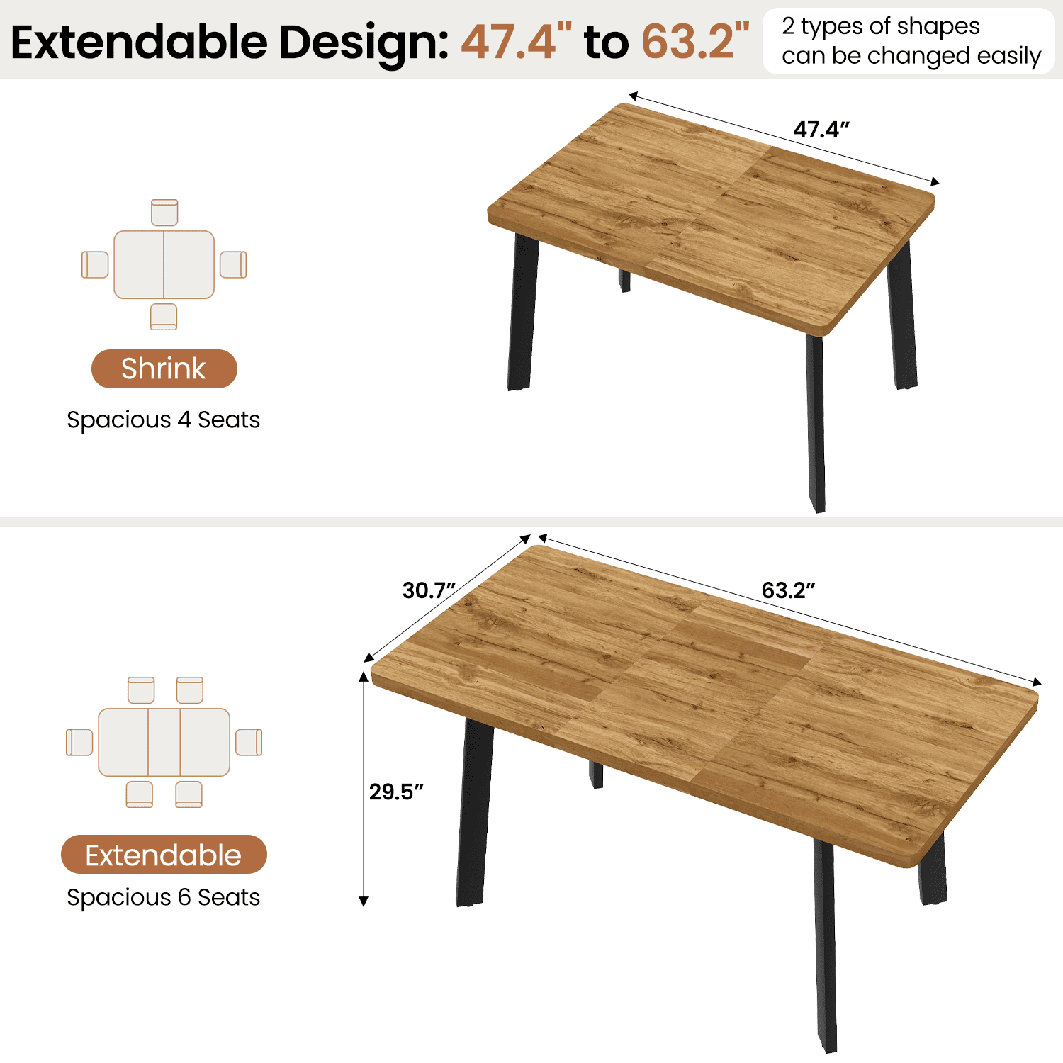 47.4" -63.2" Extendable Dining Room Table,Modern MDF Dining Table for 4-6,Space Saving Dining Room Table Compact for Living Room, Apartment