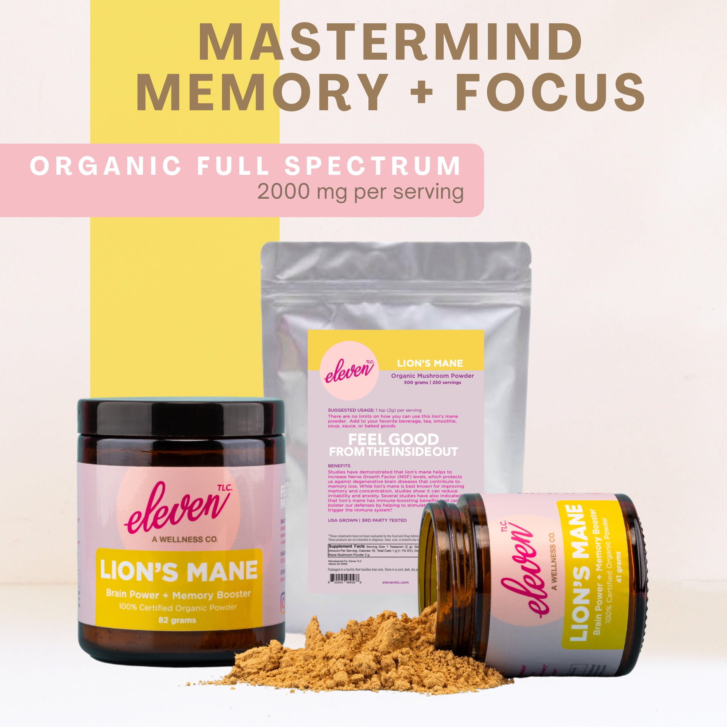 Eleven TLC,  Organic Lion's Mane Full Spectrum Superfood Mushroom Powder - Brain Health, Energy + Focus  (82 Grams ) 40 Servings