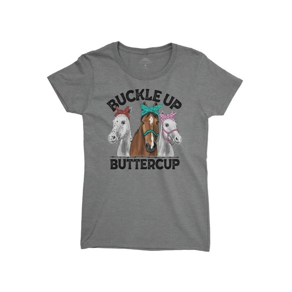 Buckle Up Buttercup Horses Gray Graphic T-Shirt - Medium