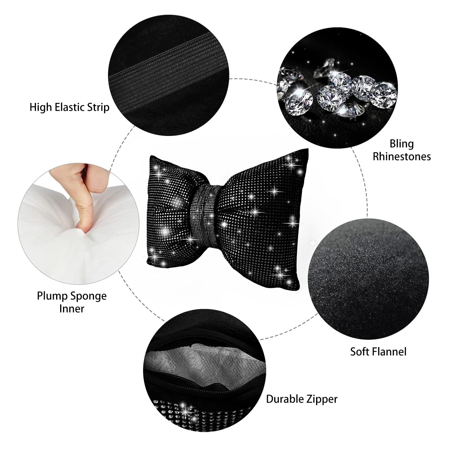 Chasenew 2 PCS Bling Bowknot Car Headrest Pillow, Rhinestone Car Neck Pillows for Driving, Bling Interior Accessories for Women Comfortable Neck Support Pillow(Black)