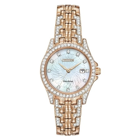 Drive Mother Of Pearl Dial Ladies' Eco Drive Silhouette Crystal EW1228-53D Pink Gold-Tone Stainless steel Bracelet with Mother-of-Pearl Crystal Accented Dial Watch ()