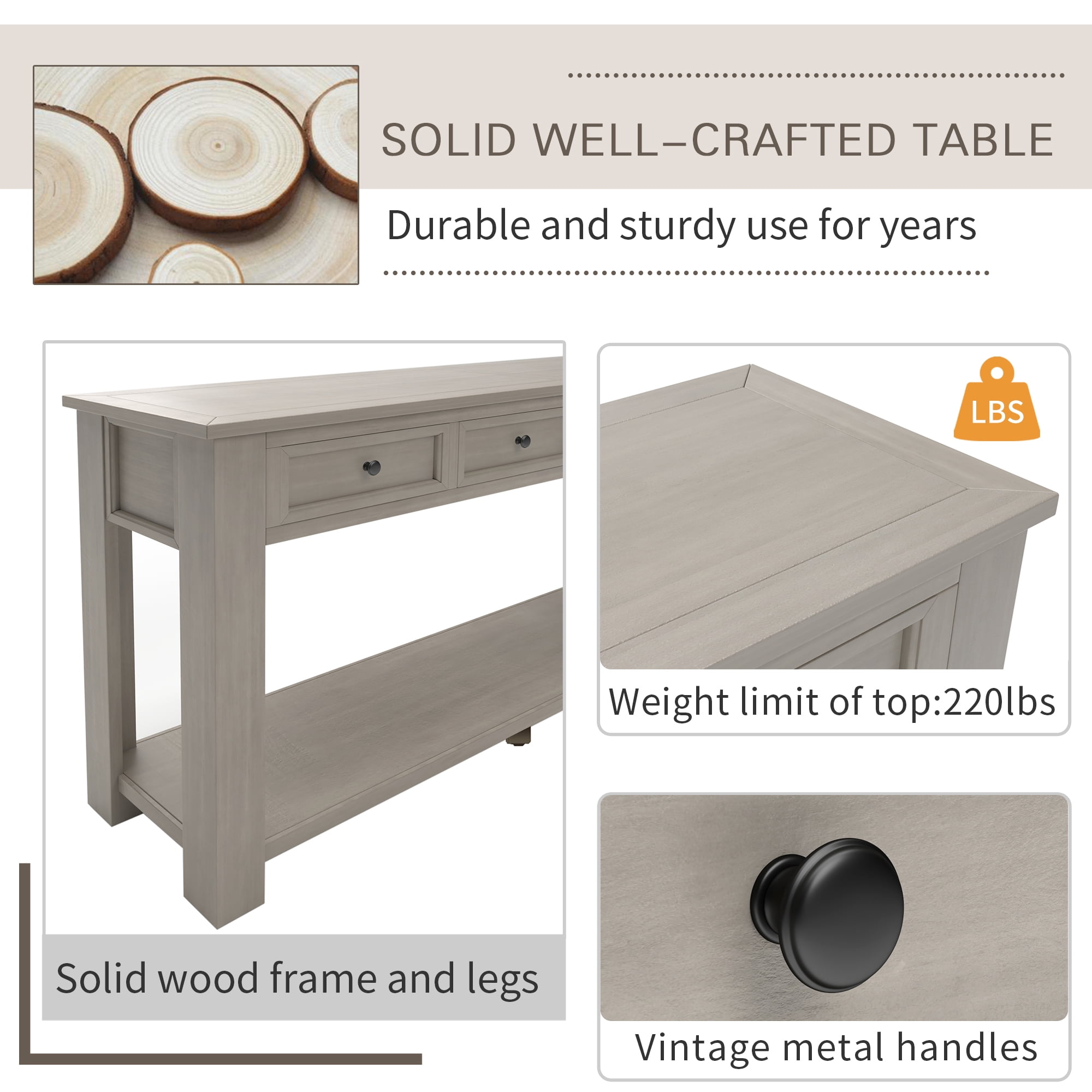 Euroco Storage Solid Wood Console Table, Gray Wash