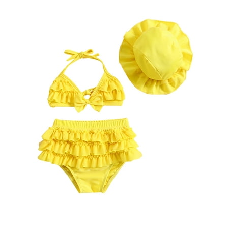 

Sunisery 0-24Months Baby Girls Summer Swimwear Outfit Sets Hanging Neck Tops + Layered Ruffle Shorts + Hat