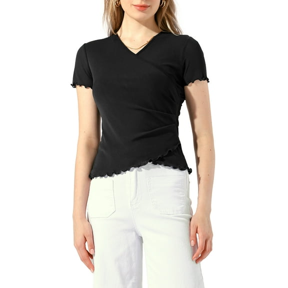 INSPIRE CHIC V Neck Blouse for Women's Cross Wrap Slim Fit Short Sleeve Ruffled Summer Tops Black S