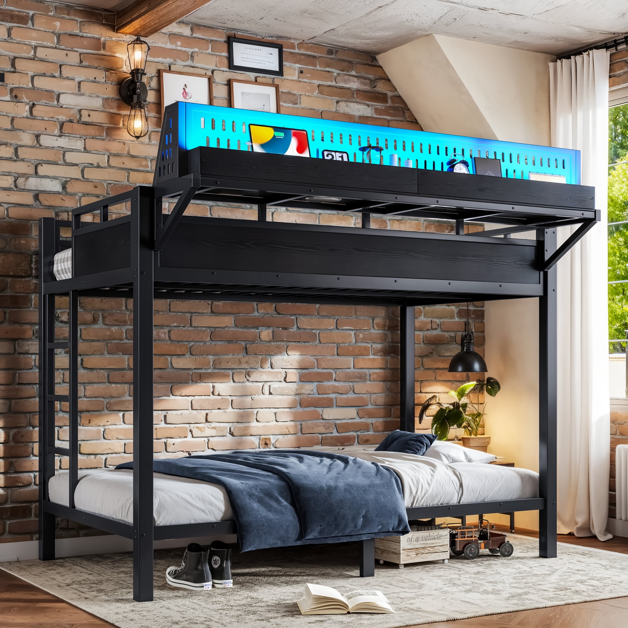 Mintazer Twin XL Over Twin XL Bunk Bed with Storage Shelves and Pegboard, Metal Bunk Bed Frame with LED Lights & Charging Station for Bedroom Guest Room, Black