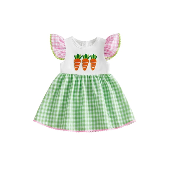 BemeyourBBs Toddler Baby Girl Easter Dress Outfit Flying Short Sleeve Carrot Embroidery Plaid Print A Line Dress Cute Infant Spring Summer Dress