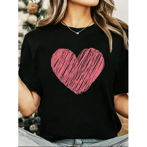 Camiseta De Verano Para Mujer, Camisetas Suaves De Verano Para Mochilero, Viajes En La CalleHappy Valentine's Day Heart Rose Heart Print Round Neck Short Sleeve T-Shirt For Women Casual, SummeCamise
