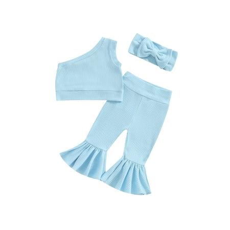 

Bslissey Toddler Baby Girls Summer 3Pcs Outfits Sleeveless Slash Neck One Shoulder Ribbed Tops + Flare Pants + Bow Headband 6M-4T Kids Casual Long Pants Sets
