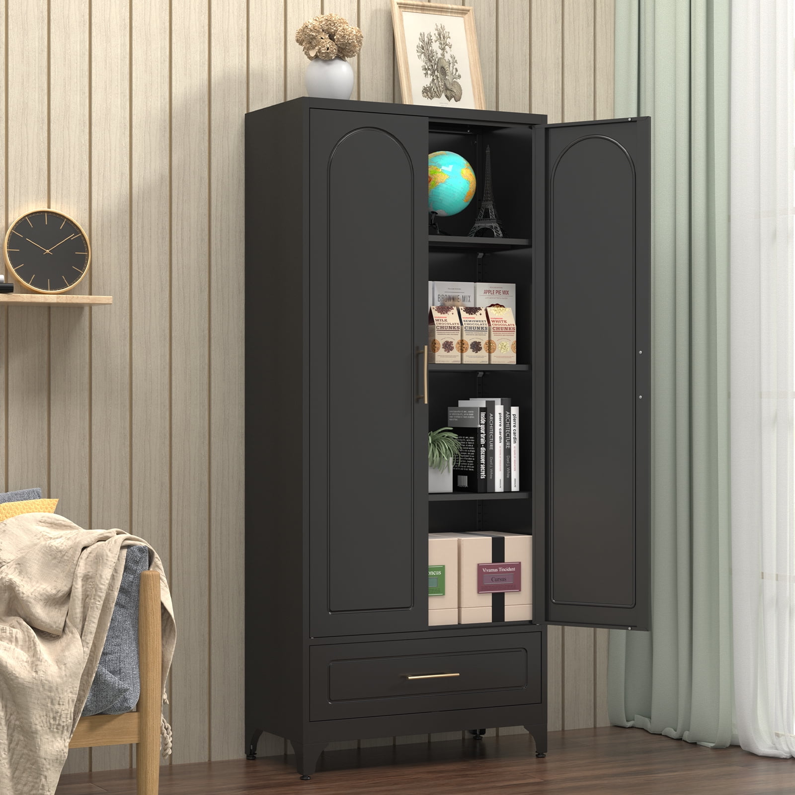 Polup 75" H Metal Black Kitchen Pantry Storage Cabinets with Drawers, Doors and Shelves, Steel Large Cupboard