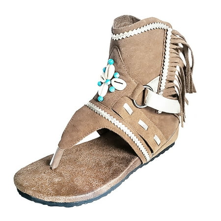 

AURIGATE Sandals for Women Roman Retro Bohemian Bead Gladiator Fringe Tassel Casual Sandals Flat Clip Toe Ankle Boots T-Strap Summer Suede Tassel Flip Flop Flat Slippers