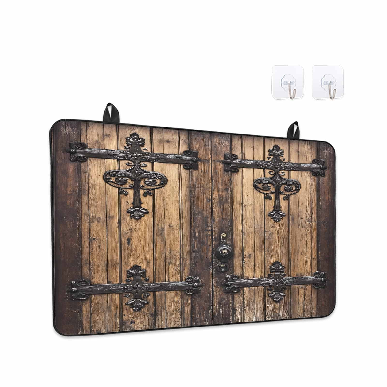 Rustic Wooden Door Stove Top Cover for Electric Stove, Heat-proof & Non Slip Glass Top Stove Cover Protector, Brown Black Farmhouse Country Vintage Kitchen Flat Cooktop Rubber Mat 24x21 Inches