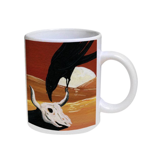 KuzmarK Coffee Cup Mug Pearl Iridescent White - Raven & Cow Skull with Full Moon Surrealism Art by Denise Every