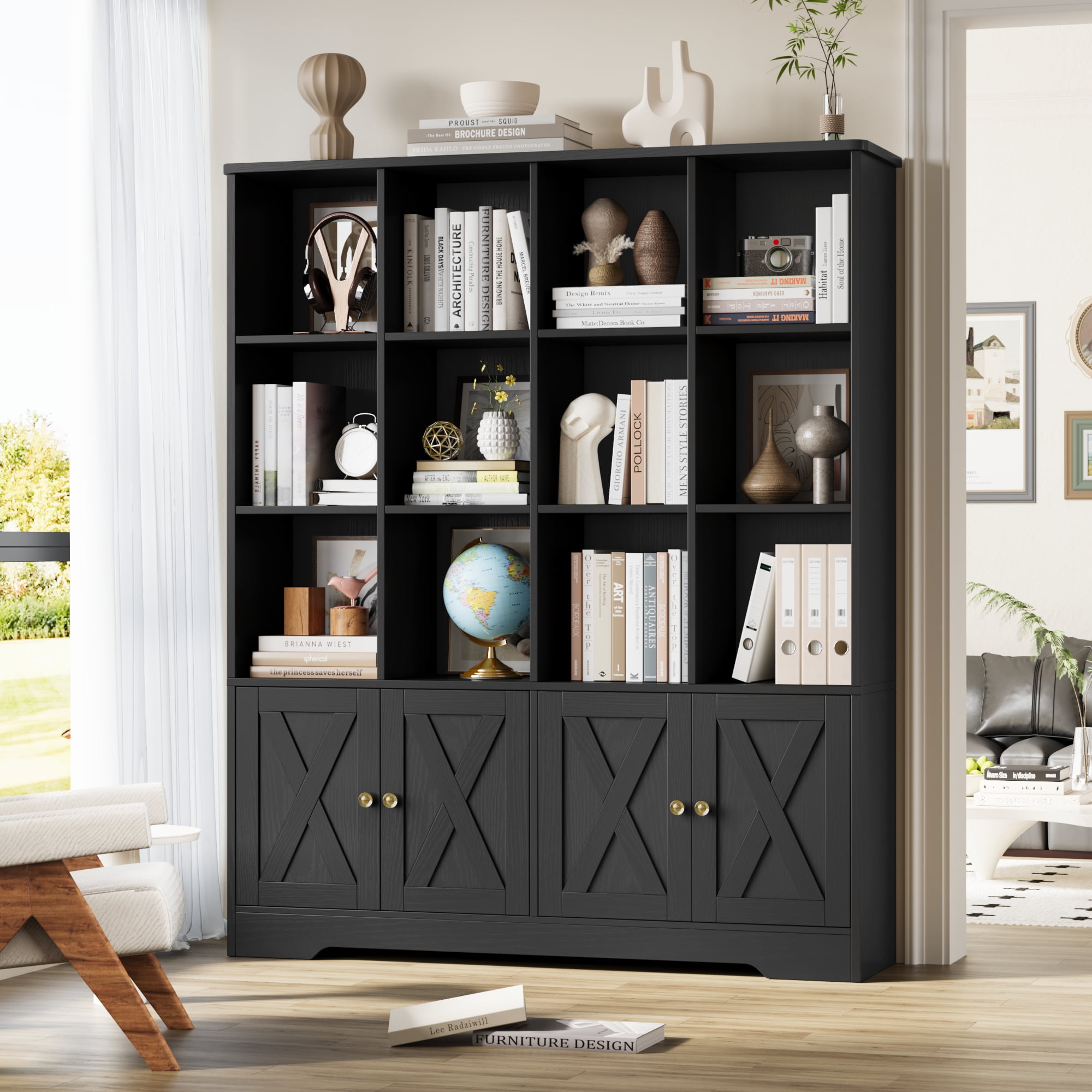 Homfa 12 Cube Double Wide Bookcase with Doors, 3 Tier Library Cabinet & Bookshelves for Home Office Living Room, Black