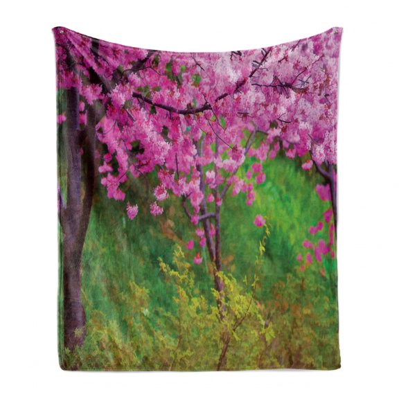 Japanese Soft Flannel Fleece Throw Blanket, Sakura Flowers Trees in Spring Garden Landscape Floral Pink Blossom Pattern, Cozy Plush for Indoor and Outdoor Use, 50" x 60", Pink and Green, by Ambesonne