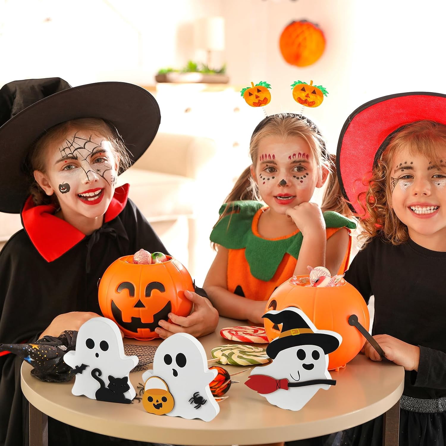 Set of 3 Wooden Ghost Tiered Tray Decorations Cute Halloween Table Decor