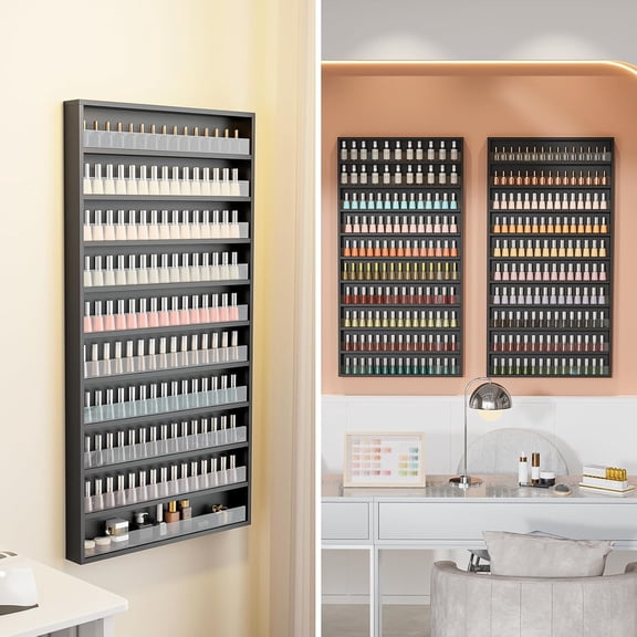 10-Tier Nail Polish Organizer Wall Mount - Holds 200 Bottles with Acrylic Barrier, Salon Display Rack for Home Spa & Nail Studio - Assembly Required, Wooden Clear Polish Storage, Black