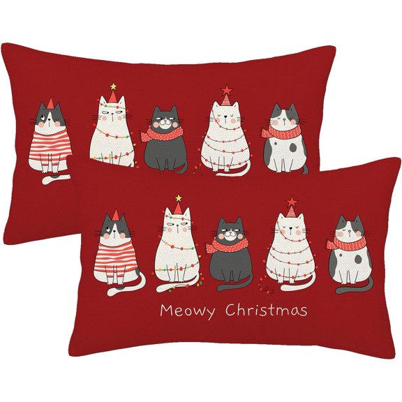 Christmas Pillow Covers 12x20 Set of 2, Cute Cat Decorative Winter Throw Pillows Linen Red Christmas Cushion Pillow Covers Christmas Decorations for Home Sofa Couch Outdoor