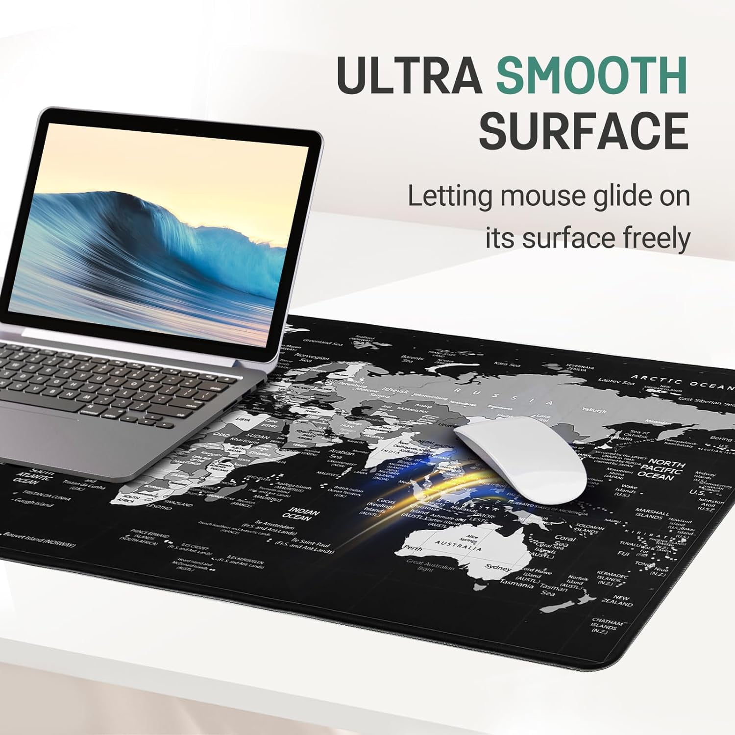 World Map Gaming Mouse Pad Black Desk Mat,Desk Pad XXL Mouse Pads for Desk 35.4x15.7in Mousepad with Stitched Edges,Non-Slip Rubber Base,Waterproof Computer Keyboard Pad for Gamer,Office&Work