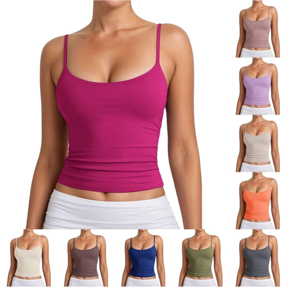 Xijirk Women Spaghetti Strap Crop Top Neck Ruched Slim Fit Tank Top for Daily Sports Casual Outdoor Wear,Hot Pink,L