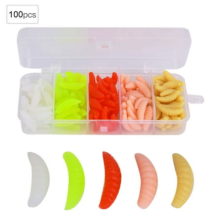 T0040 100Pcs Silicone 5 Colors 2cm Biomimetic Soft Worm Grub Mealworm Fishing Lures Lifelike Baits Fish Tackle Accessory