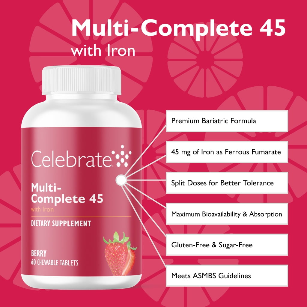 Celebrate Vitamins Multi-Complete 45 Bariatric Multivitamin with Iron Chewables, 45 mg of Iron, Forest Berry, 60 count