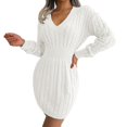 thumbnail image 2 of Ediodpoh Women Elegant Long Sleeve V Neck Slim Back Embroidery Party Autumn Ribbed Knitted Bodycon Sweater Dress Sweater Dresses White M, 2 of 8