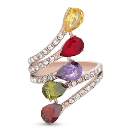 Gold Teardrop Ring - Multicolored Teardrop Crystal Swirl Design Ring in Rose Gold IP Plated Stainless Steel
