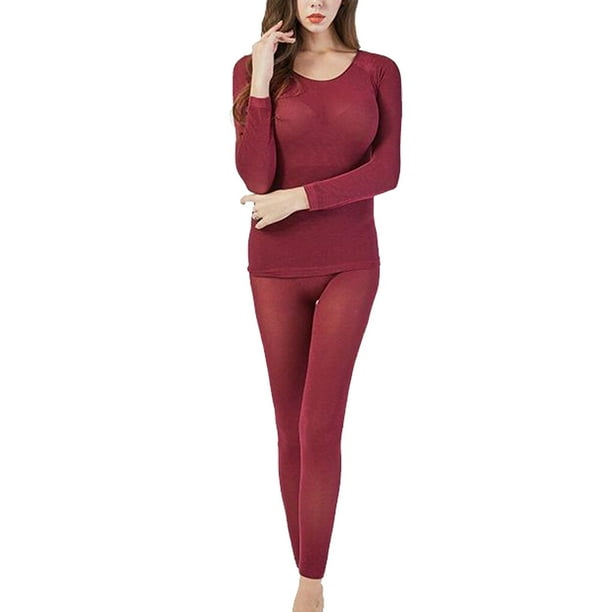 kurtrusly Thermal Underwear Women Long-sleeve Slimming Clothes Suit Pajama  Seamless Cold Winter Warm Shirt Trousers Set Clothing Wine Red