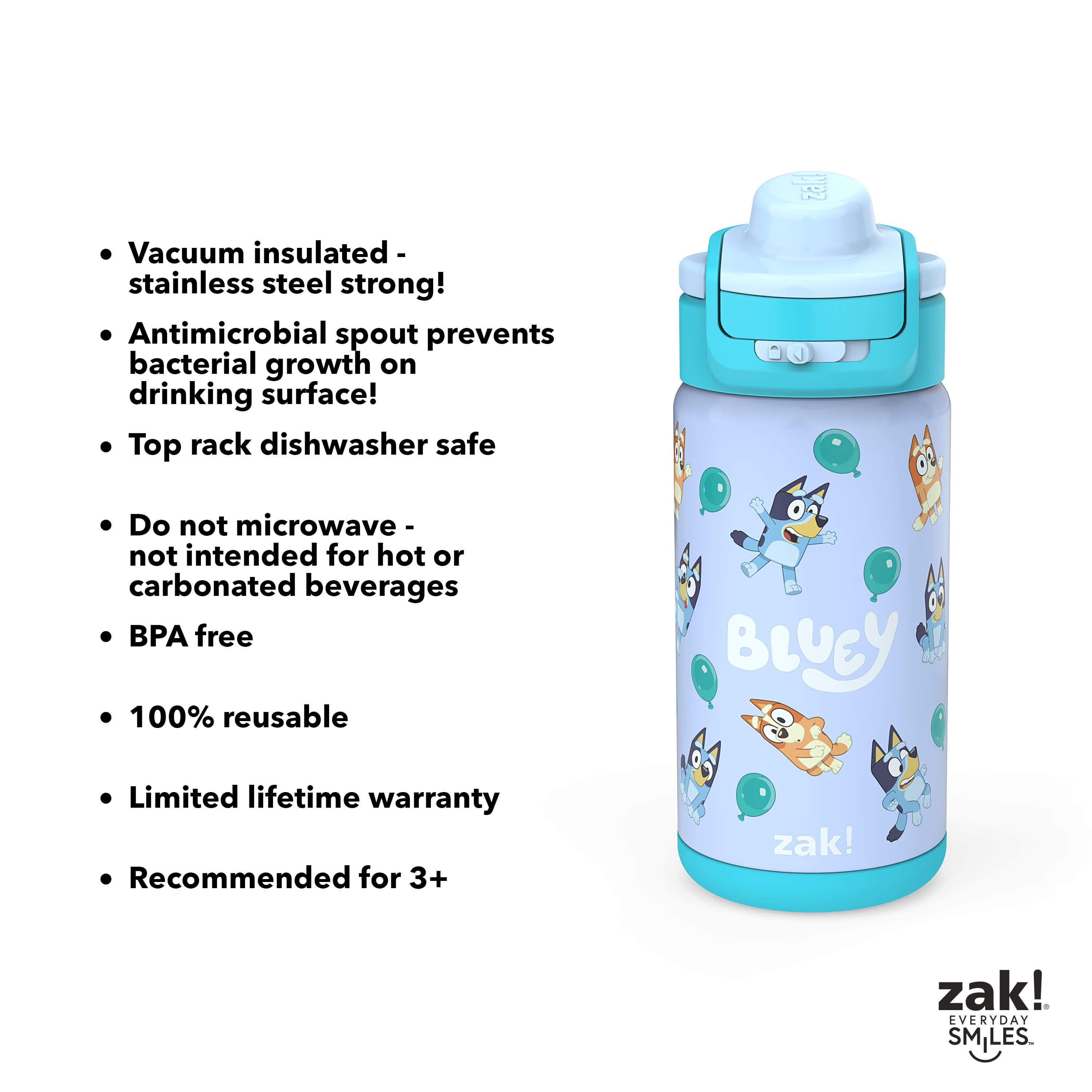  zak! Bluey - Stainless Steel Vacuum Insulated Water Bottle - 14  oz - Durable & Leak Proof - Flip-Up Straw Spout & Built-In Carrying Loop -  BPA Free : Everything Else