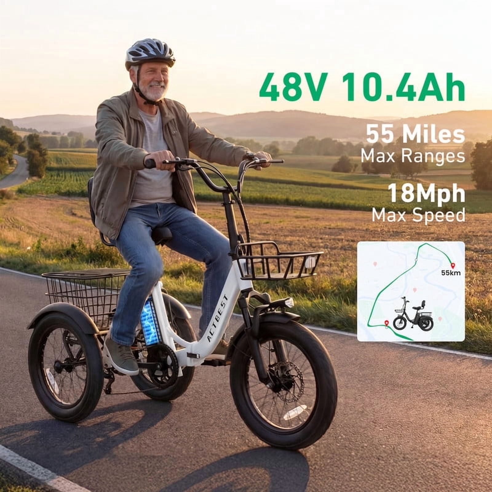 ACTBEST Electric Tricycle for Adults, 18"x3.0" Fat Tire 3-Wheel Electric Bike, 350W(Peak 1200W) Motor 48V 10.4Ah Battery, Folding E-Trike Up to 18Mph (Black) with Mirror & Phone Bag