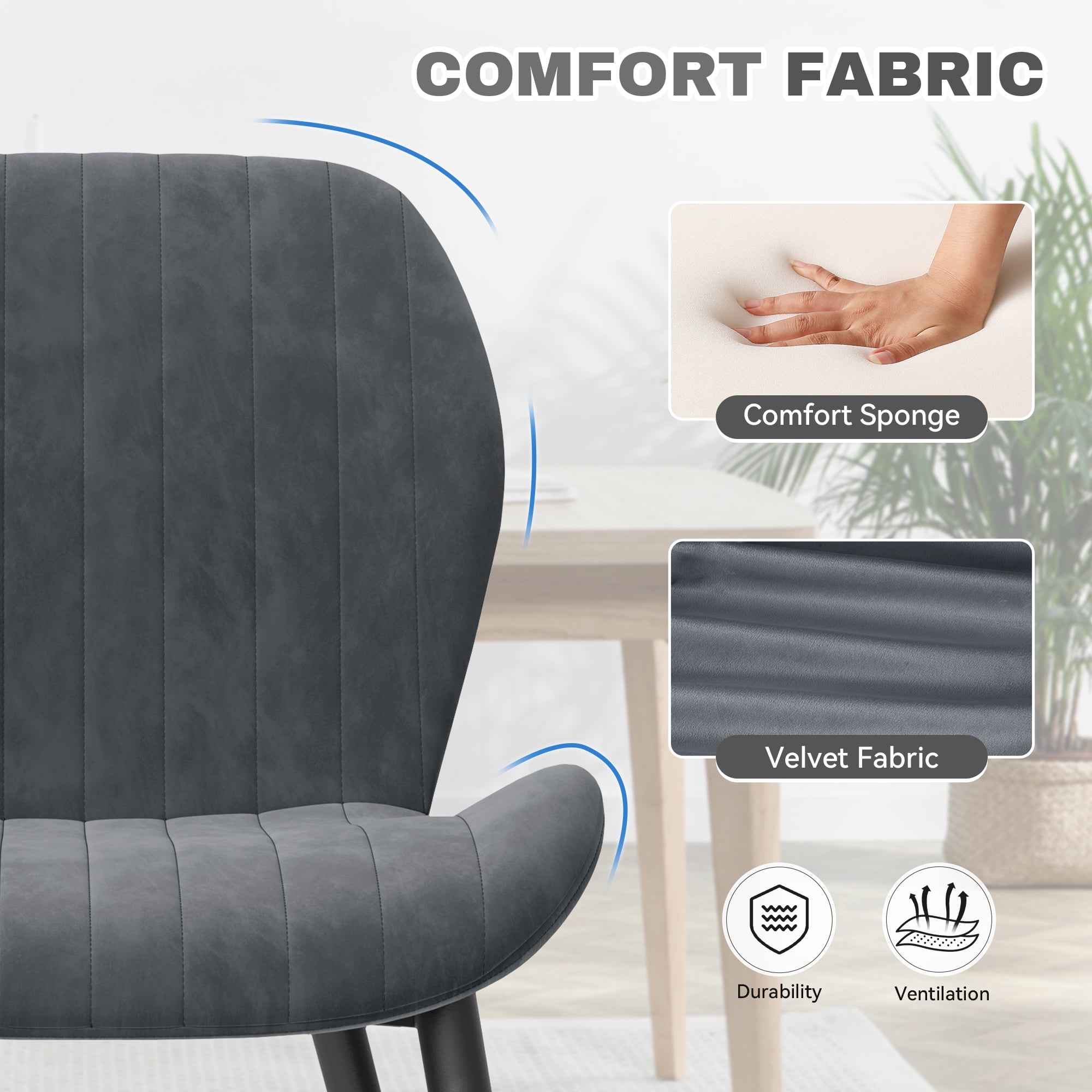 Hawsaiy Modern Velvet Dining Chairs Set of 6,Upholstered Armless Chairs with Metal Legs and Thick Cushions,Dark Gray
