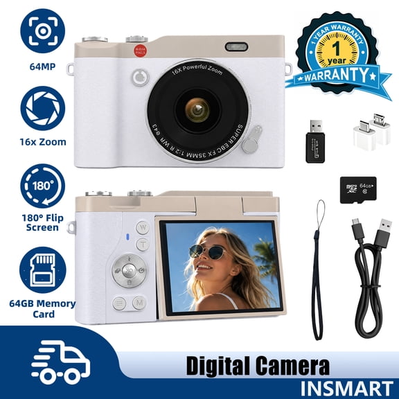 INSMART Digital Camera 64MP 4K Video, 16X Zoom Autofocus with 180° Flip Screen, 6 Beauty Filters & Anti-Shake, Compact Portable Camera for Adults Beginners Vlogging