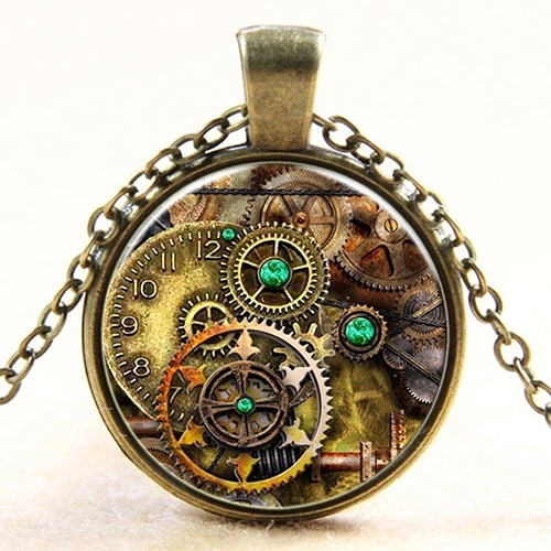 Family Decor Green Butterfly Steampunk Clock Pendant Necklace Cabochon Glass Vintage Bronze Chain Necklace Jewelry Handmade