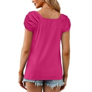 Women Plus Size T-Shirt Blouse Sawvnm Fashion Woman Causal Square Neck Solid Color Blouse Puff Short Sleeve T-Shirt Summer Tops for Women Hot Pink XL