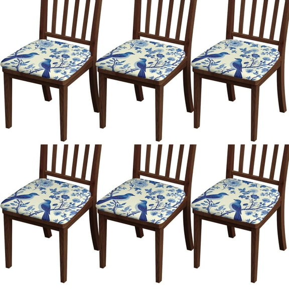 Blue Pioneer Flower and Bird Seat Covers for Dining Room Chairs Set Of 6,Stretch Printed Washable Chair Seat Cover with Elastic Ties and Button,Removable Waterproof Couch Cushion Covers
